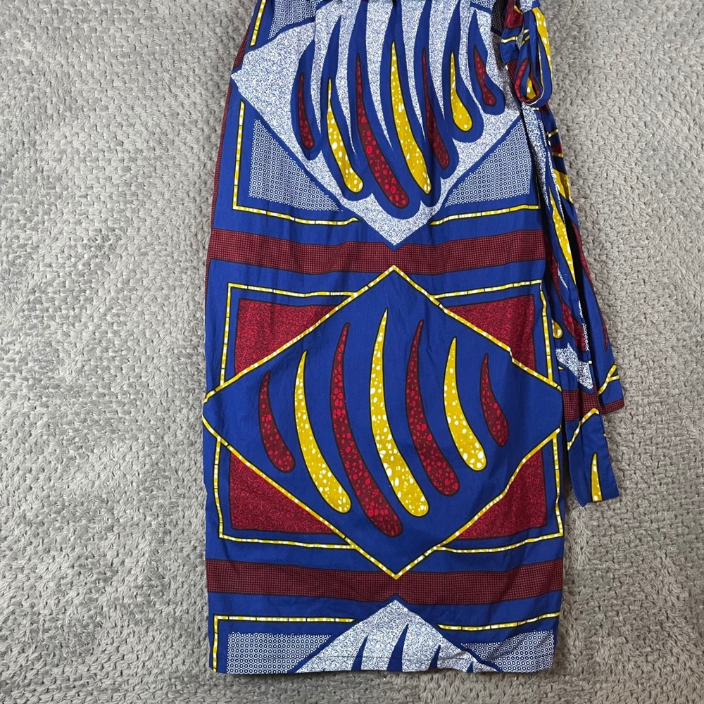Mae Otti African Wax Print Cotton Midi Dress Faux Wrap Large Pockets Colorful - Picture 5 of 12